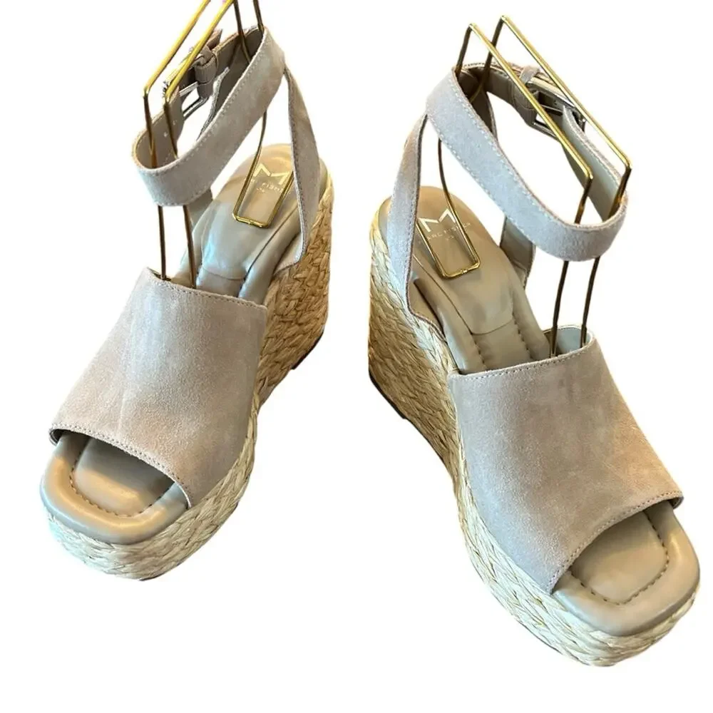 Marc Fisher Nelly Suede Espadrille Wedge Platform Heels Square Toe Taupe NEW 9.5